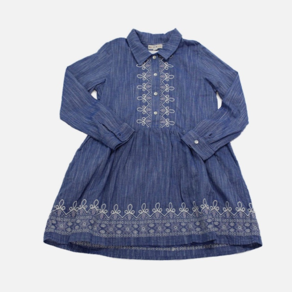 Roller Rabbit Blue Embroidered chambray denim Dress girls size 12 EUC
